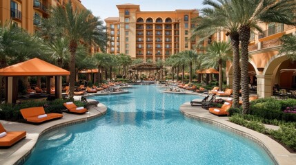 Resort Pool Area With Palm Trees and Loungers