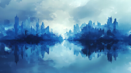 Fototapeta premium Futuristic cityscape reflected in blue waters. Enchanted Foglands. Illustration