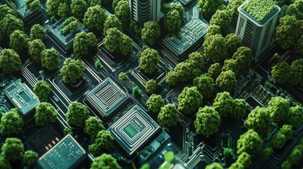 Futuristic city integrated with lush nature, showcasing technology and environmental harmony.