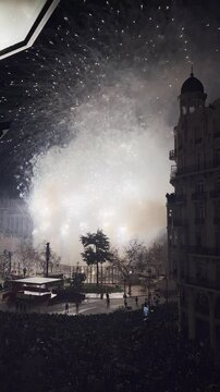A large fireworks show on the main square of Valencia to mark the end of the Las Fallas fire festival. Pyrotechnic show, Spain