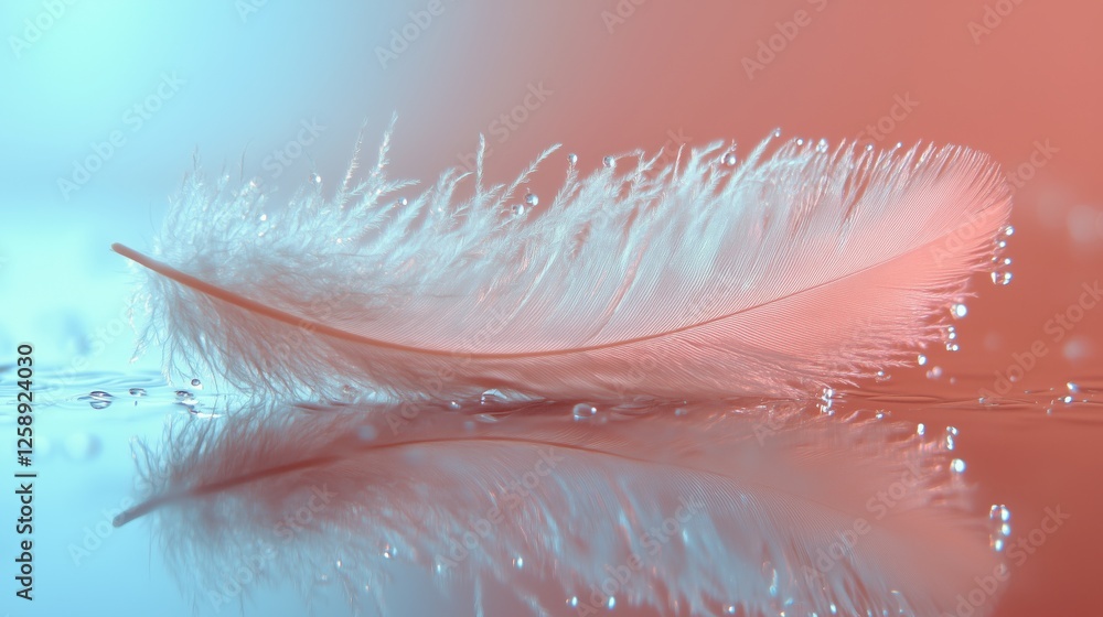 Poster soft feather floating on water with colorful background at calm setting