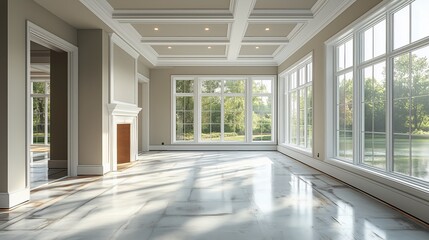 Fototapeta premium Spacious modern living room with large windows and marble flooring in daylight