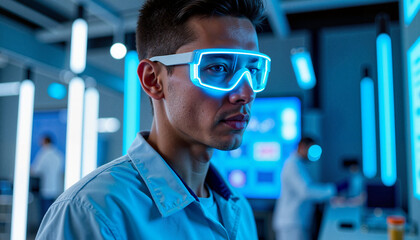 Focused scientist wearing futuristic goggles in high-tech lab, innovation