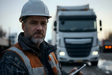 Man in hard hat reviews logistics data with large truck in background. Generative AI.