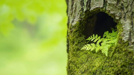 Fototapeta premium Nature's serenity lush ferns growing in tree hollow tranquil forest environment close-up view