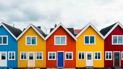 Vibrant row of colorful houses urban neighborhood overcast sky aesthetic appeal