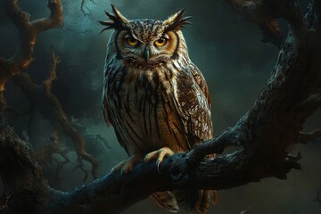 Owl perched on branch in eerie forest