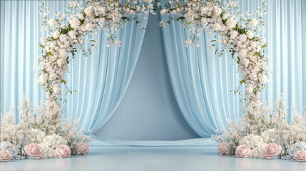 Dreamy wedding backdrop with blue drapes and floral arch for elegant ceremonies and luxury events