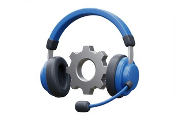 A 3D rendered blue headset with a metallic silver microphone