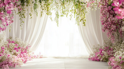 Fototapeta premium Romantic floral wedding backdrop with cascading pink and white blossoms and soft drapery for elegant ceremonies and luxury events