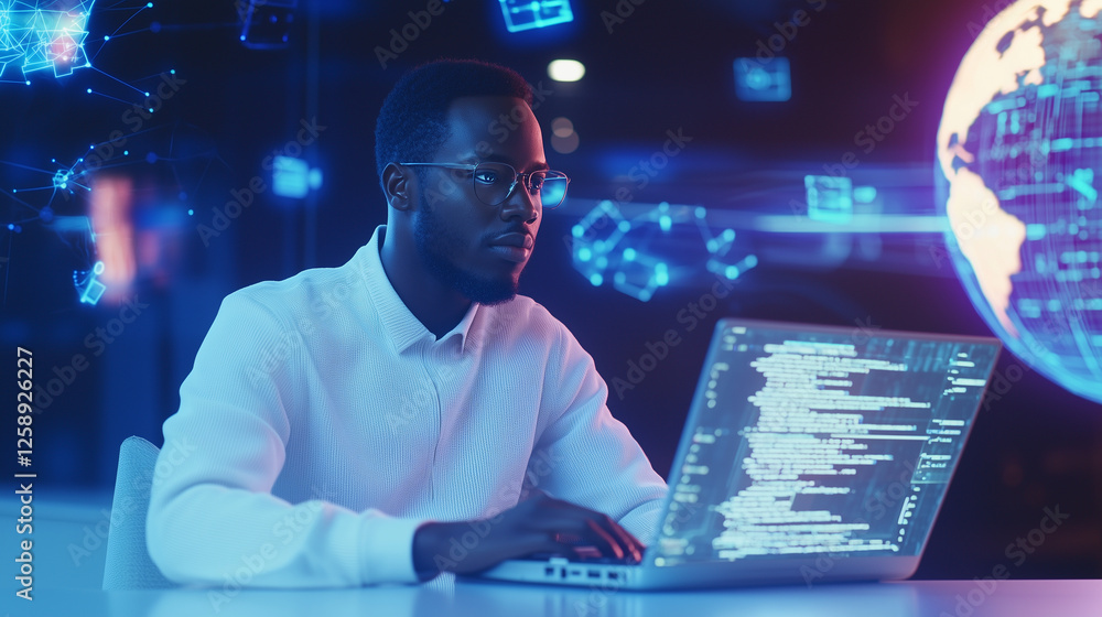 Aufkleber modern developer at work with holographic technology and code