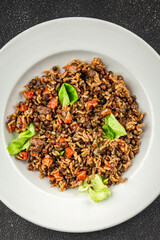 Rice lentil and vegetables snack fresh tasty food dish vegetarian vegan food no meat gourmet food background on the table rustic food top view copy space 