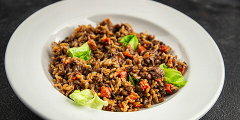 Rice lentil and vegetables snack fresh tasty food dish vegetarian vegan food no meat gourmet food background on the table rustic food top view copy space 