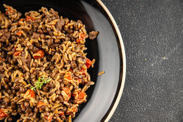Rice lentil and vegetables snack fresh tasty food dish vegetarian vegan food no meat gourmet food background on the table rustic food top view copy space 