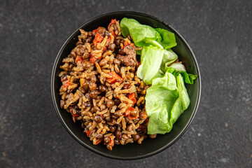 Rice lentil and vegetables snack fresh tasty food dish vegetarian vegan food no meat gourmet food background on the table rustic food top view copy space 