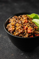 Rice lentil and vegetables snack fresh tasty food dish vegetarian vegan food no meat gourmet food background on the table rustic food top view copy space 