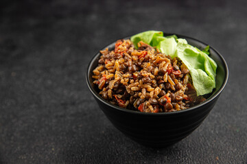 Rice lentil and vegetables snack fresh tasty food dish vegetarian vegan food no meat gourmet food background on the table rustic food top view copy space 