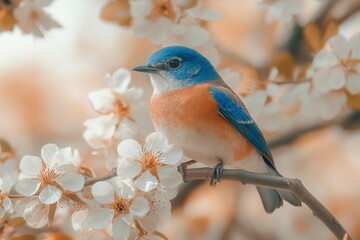 Blue and Orange Bird Perched Among White Blossoms