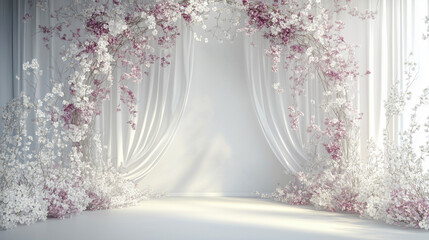 Ethereal white wedding stage with cascading floral arch and soft drapery for romantic ceremonies and elegant celebrations