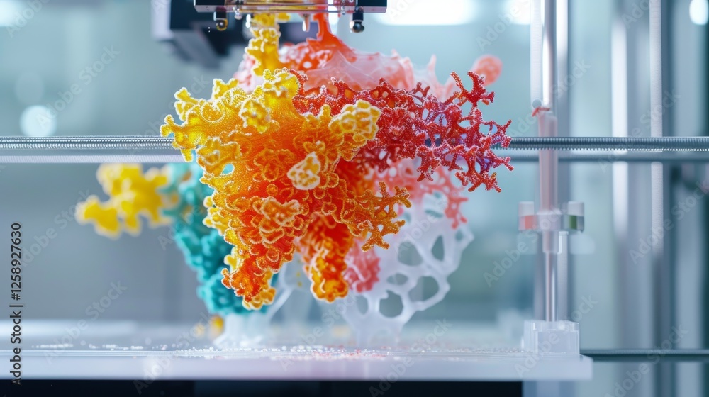 Poster a 3d-printed model showcasing intricate molecular structures with vibrant colors, highlighting scien