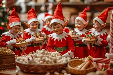 Joyful elves working on gifts in Santa's North Pole workshop.