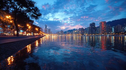 Fototapeta premium Cityscape sunset waterfront promenade reflection