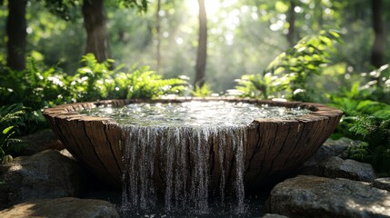 Overflowing Wooden Bowl Fountain in Forest