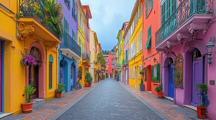 Fototapeta premium Colorful buildings line a narrow, cobblestone street.