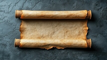 Unfurled parchment scroll on dark stone, blank space, texture background, ancient message