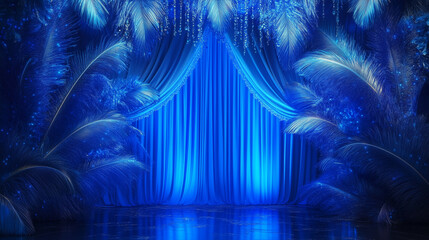 Luxurious midnight blue stage with velvet drapery and illuminated feather decor for glamorous gala events and theatrical performances