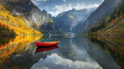 Red Canoe on Calm Autumn Mountain Lake