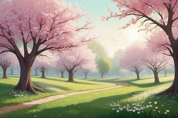 Obraz premium Scenic Cherry Blossom Park in Spring, Tranquil Nature Path with Blooming Trees