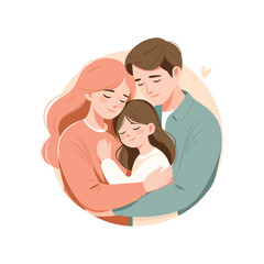 Portrait of happy loving family. Father and mother holding daughter. Parents hugging their child. Adorable cartoon characters. Colorful vector illustration in flat style isolated on white.