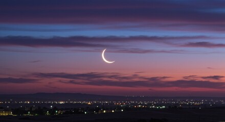 Crescent Moon at Twilight Over Scenic Landscape &ndash; Ramadan Background