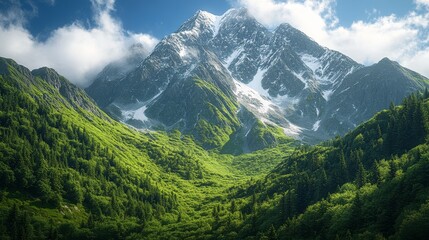 Obraz premium Snow-Capped Mountains Overlooking Lush Green Valley