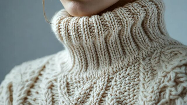 Cozy winter knitwear style featuring a woman in a warm cream sweater with detailed patterns