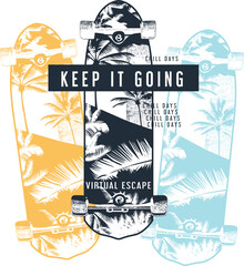 hawaii skate vector illustration, summer palm tree skateboard vector drawing