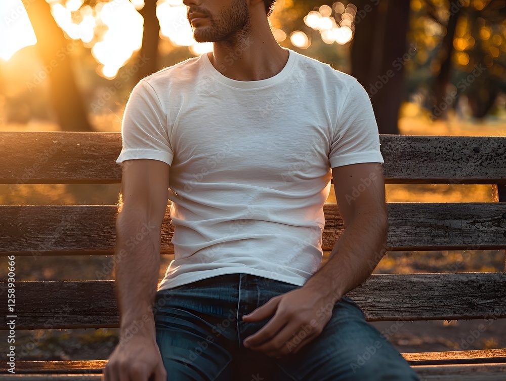 Poster close-up of a man relaxing on a bench in a park during golden hour. generative ai.