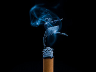 Ballerina tanzt elegant aus Rauchwolken auf gl&uuml;hendem Zigarettenstummel

