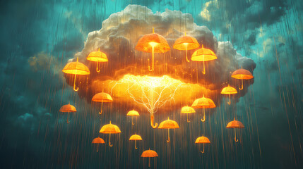 Sentient storm cloud raining brilliant glowing ideas followed by whimsical umbrellas archiving flowing thoughts. Sentient Storms. Illustration