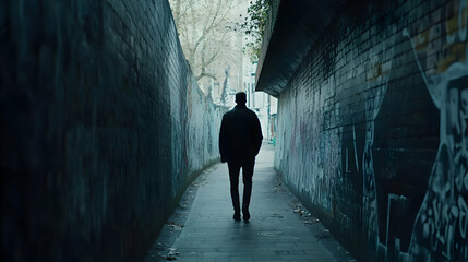 A graffiti-covered alley with a lone pedestrian walking through it. The artwork on the walls tells a story as the person moves past
