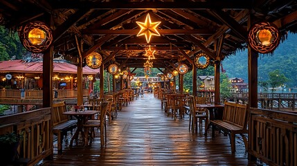 Fototapeta premium Illuminated wooden bridge, riverside restaurant, evening, Asia