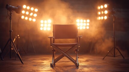 Director's chair on set, illuminated by lights.