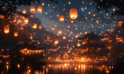 Naklejka premium A magical night view of paper lanterns floating over a village by a river at dusk