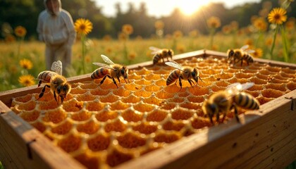 Beekeeper in Yellow Flower Field with Honey Bees