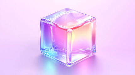 A translucent, colorful glass cube with a smooth surface, reflecting light in shades of pink, blue, and purple against a soft gradient background.