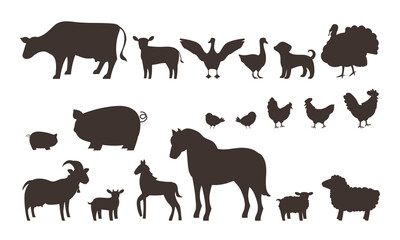 Set of silhouette of farm animals on white background