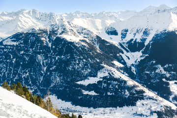 Champex-Lac on a snowy winter day in Orsieres in the district of Entremont in the canton of Valais in Switzerland
