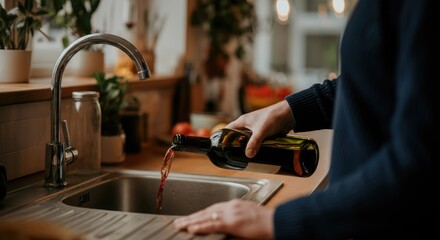 Person pours wine down sink in kitchen