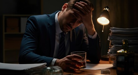Stressed businessman drinking alcohol at desk late night